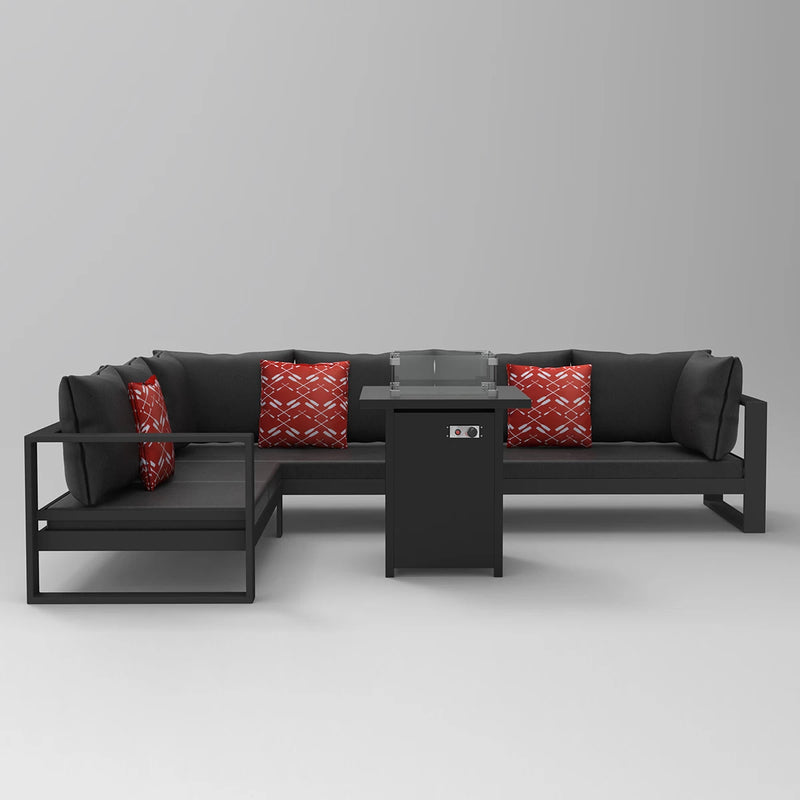 L shaped corner sofa with gas firepit table