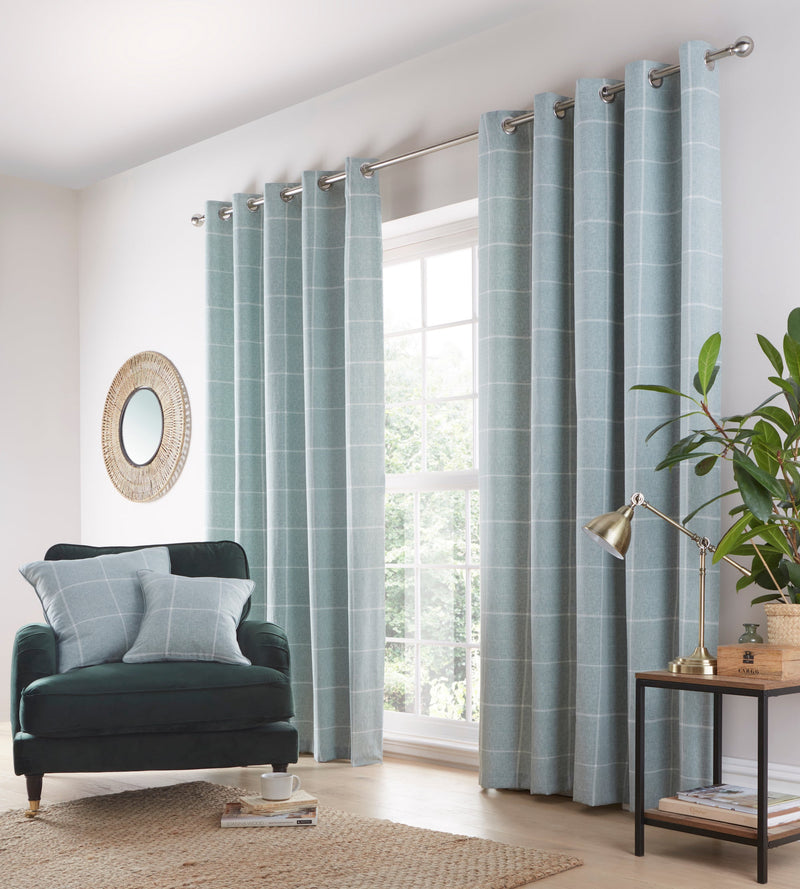 Country Check Eyelet Curtains - Duckegg