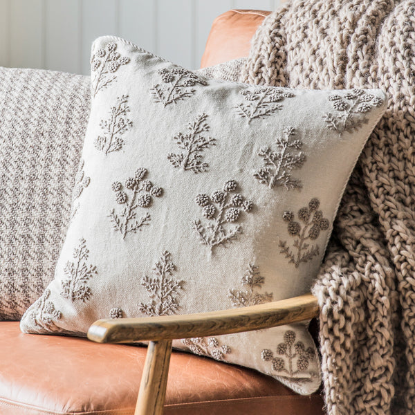 Floral Embroidered Cushion - Natural