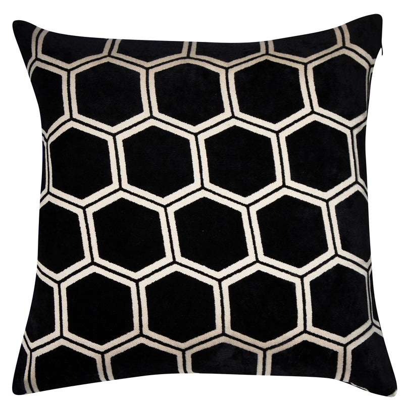 Large Hexagon Cut Velvet Black Cushion