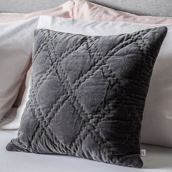 Quilted Cotton Velvet Cushion - Charcoal