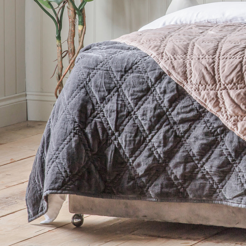 Quilted Cotton Velvet Bedspread - Charcoal