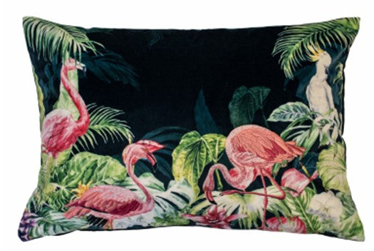 Emb Flamingos On Black Velvet Cushion