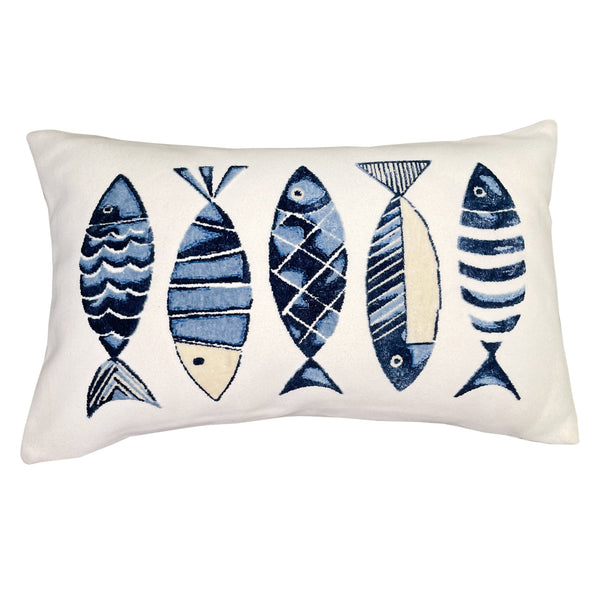 Embroidered Blue Fish On White Cushion