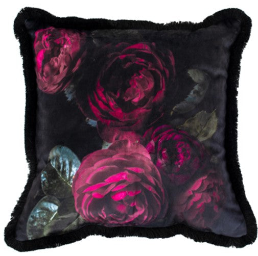 Printed Pink Floral On Black With Fringes Cushion