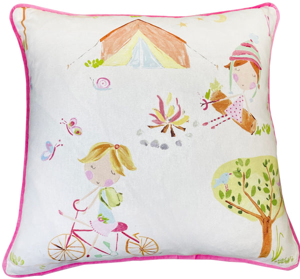 Childrens Campsite Print With Stripe Reverse Cushion