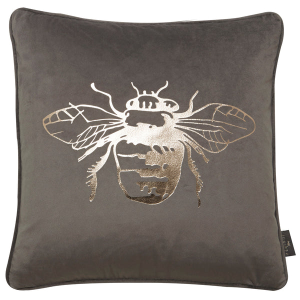 Gold Foil Large Bee On Grey Velvet Cushion