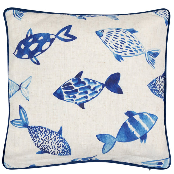 Printed Fish On Faux Linen Cushion