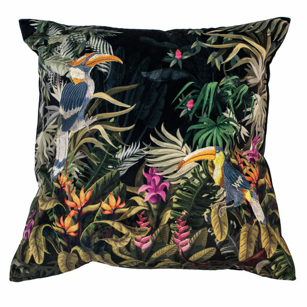 Emb Toucan On Black Velvet Cushion
