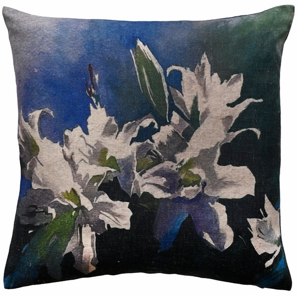 Floral Print On Blue Faux Linen Base Cushion