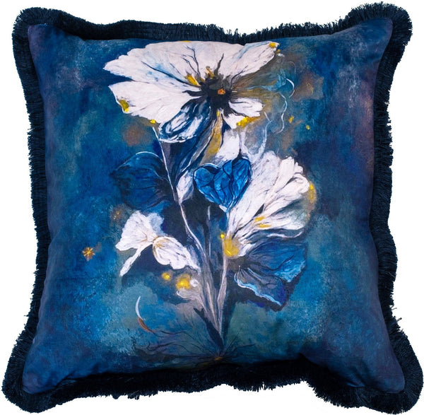 Printed Pansy On Blue With Fringes Cushion