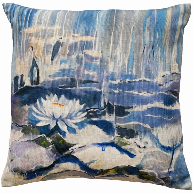 Printed Water Lillies On Faux Linen Cushion