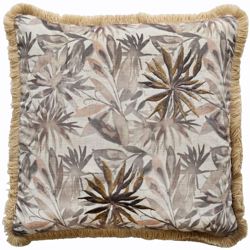 Floral Print With Emb On Linen With Fringing Natural Cushion