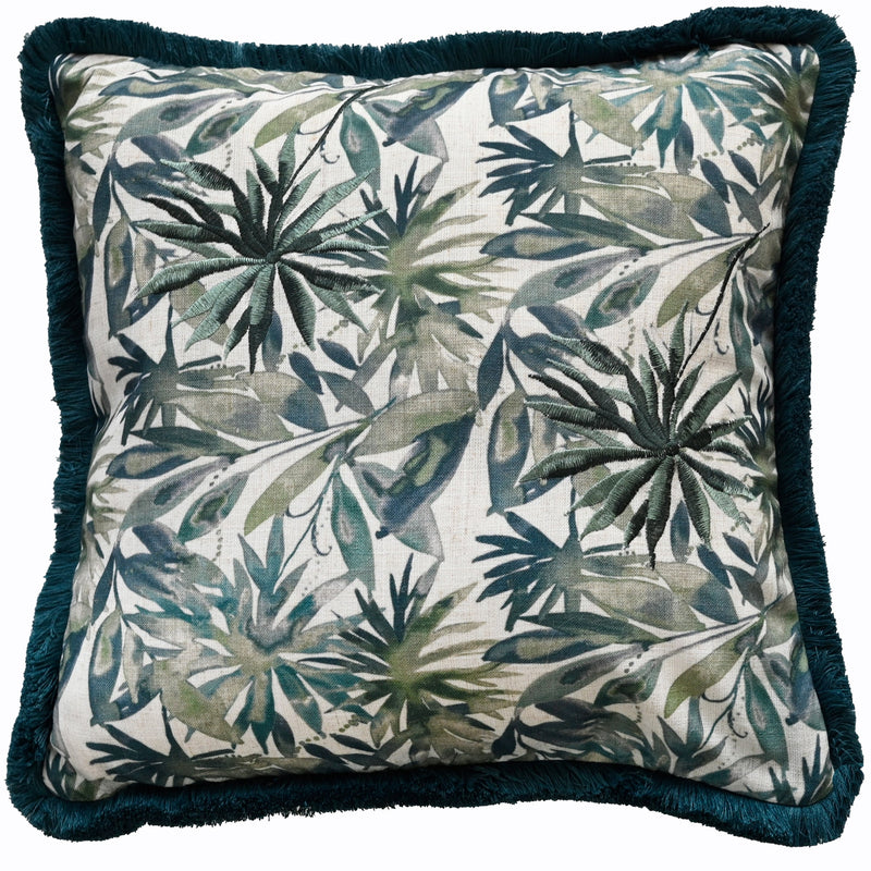 Floral Print With Emb On Linen With Fringing Teal Cushion