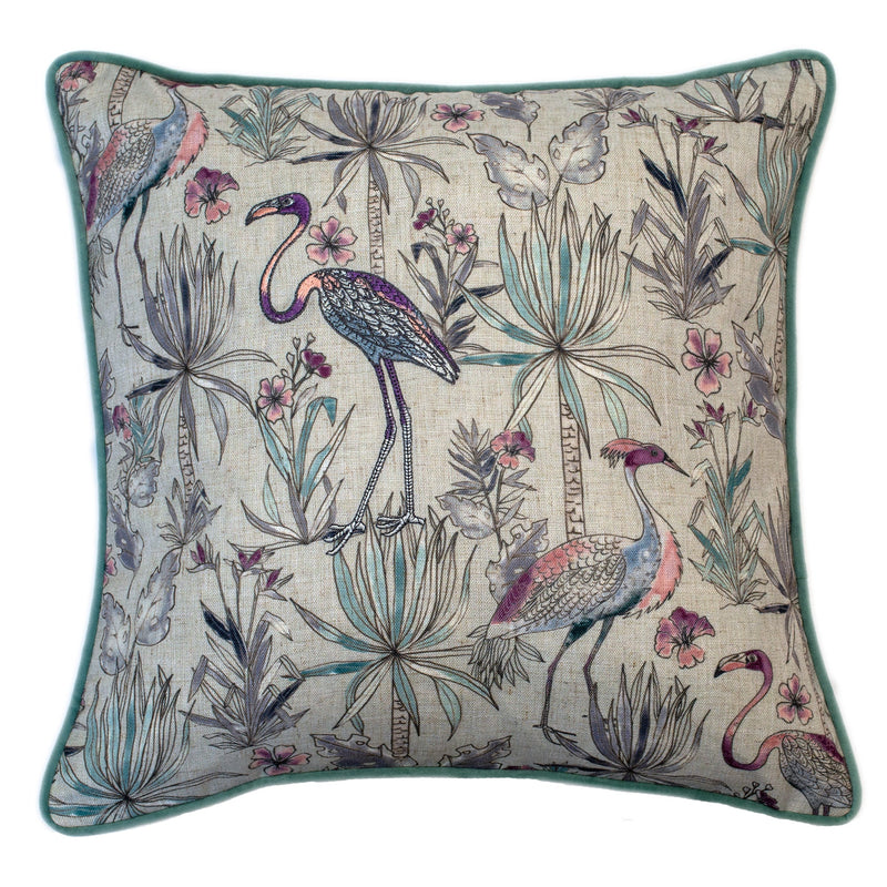 Embroidered Flamingos In Pinks And Greens Cushion