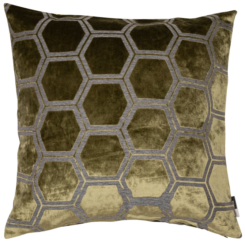 Large Hexagon Cut Velvet Olive Green Cushion