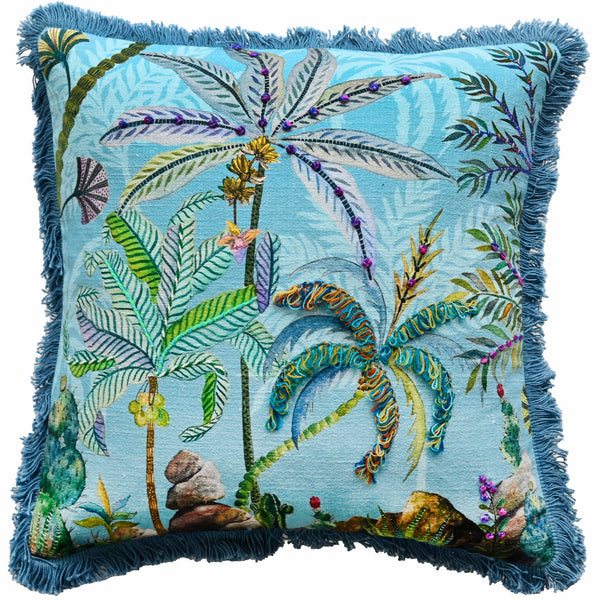Palm Trees On Blue Embellished Cushion