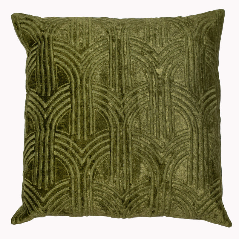 Velvet Art Deco Aroles Emb Olive Cushion