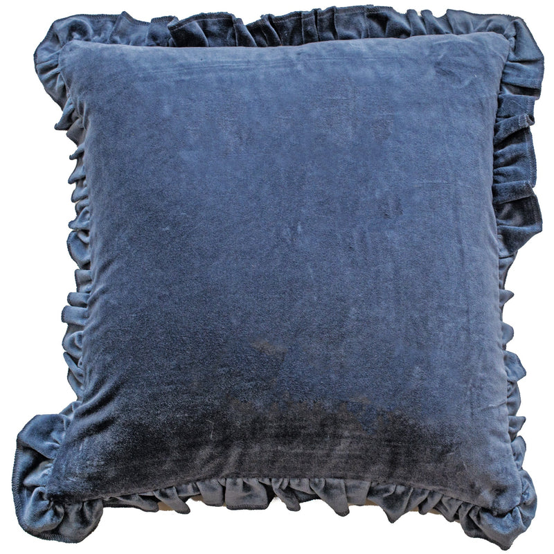 Frill Cotton Velvet Cushion Blue