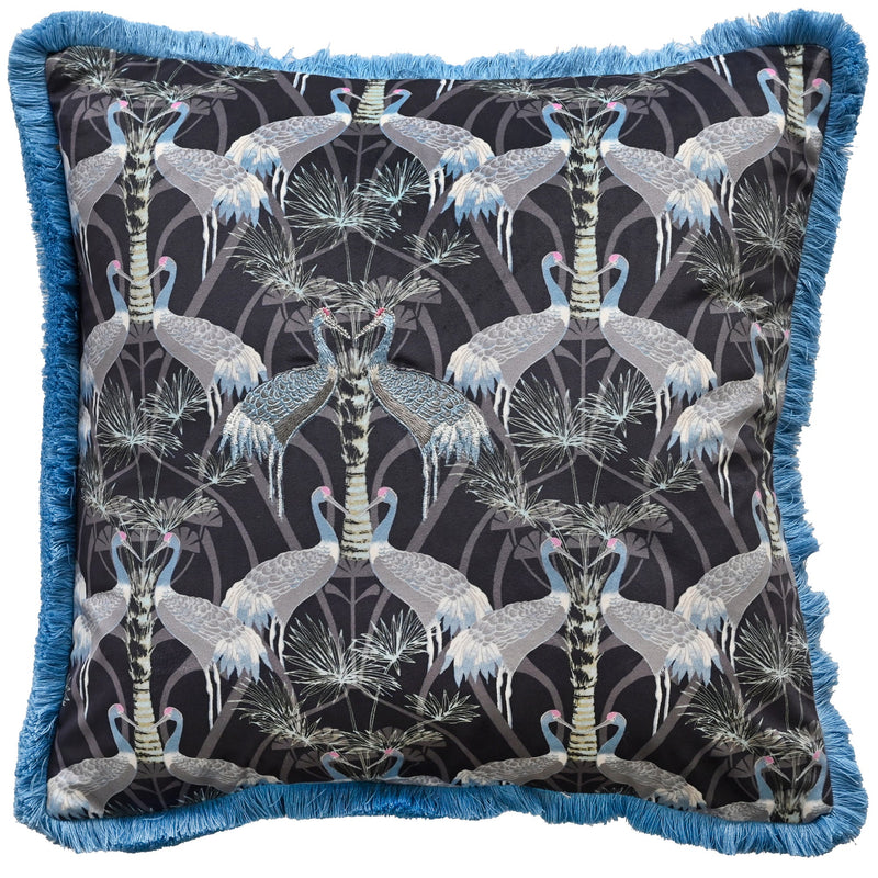 Art Deco Birds With Fringing Blue Cushion