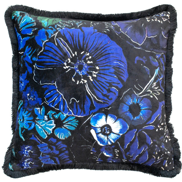 Blue Floral Print With Fringes Cushion