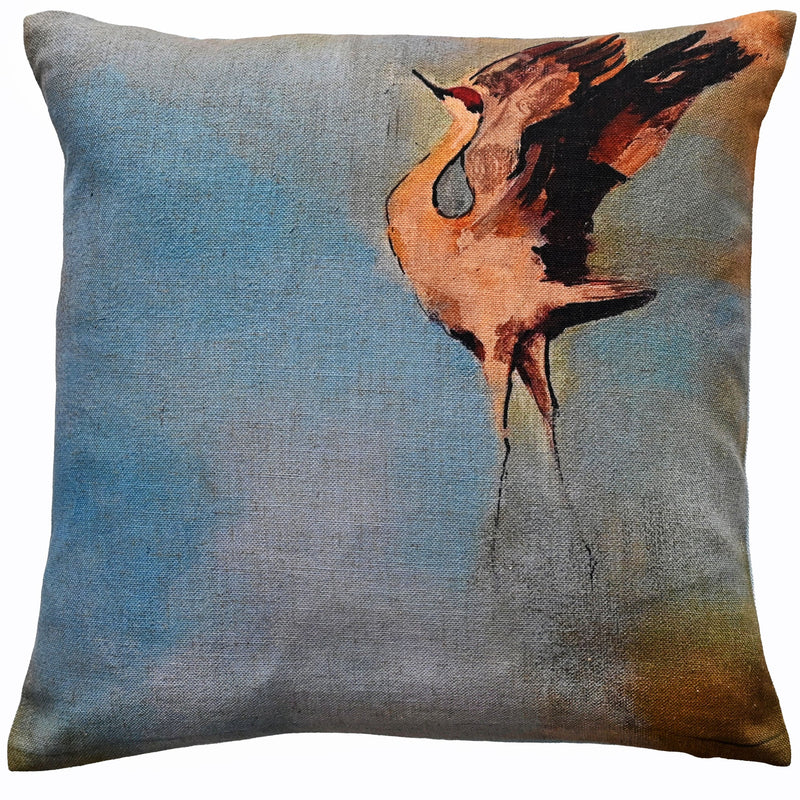 Flying Crane Print On Faux Linen Cushion