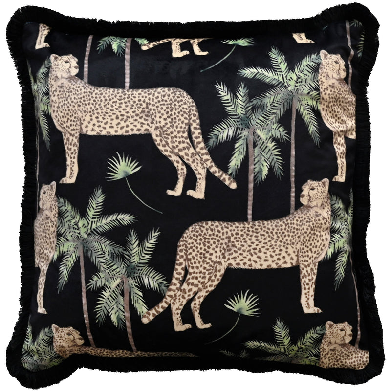 Cheetah Print On Black With Fringes Cushion