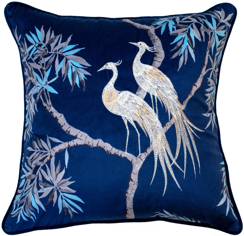 Embroidered Nightingales On Blue Velvet Cushion
