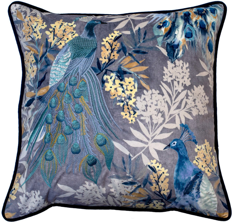 Embroidered Blue Peacocks On Velvet Cushion