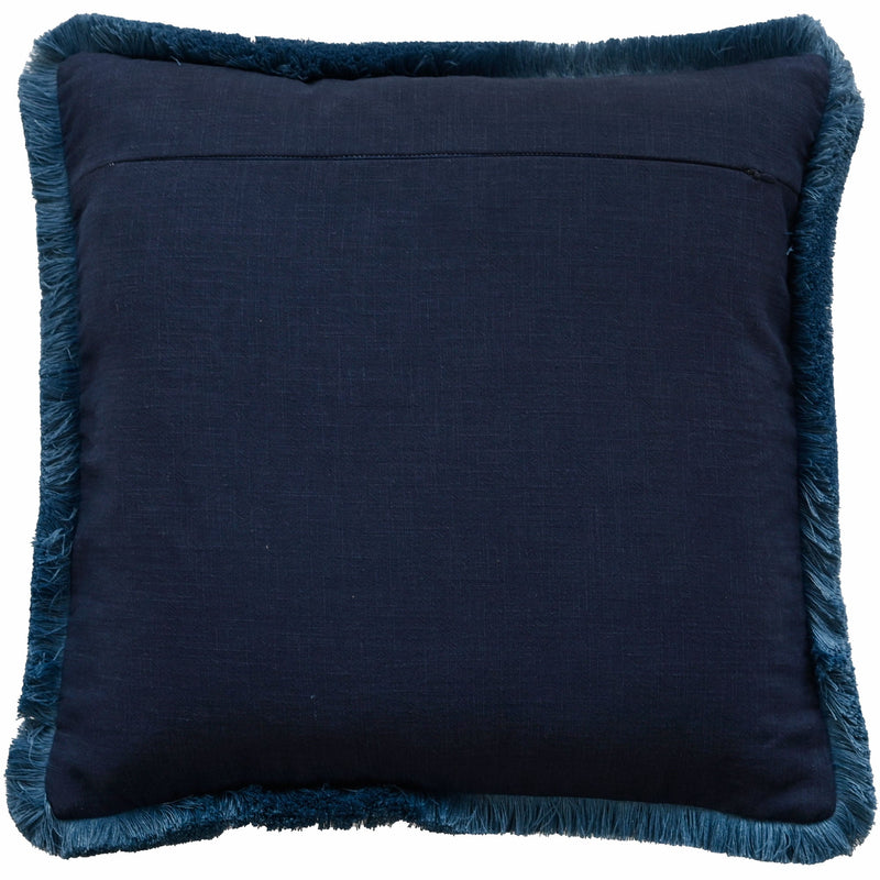 Feather Print On Linen With Fringing Blue Cushion