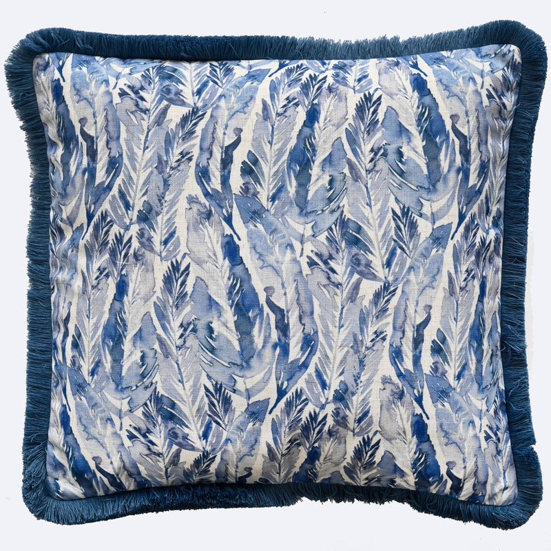 Feather Print On Linen With Fringing Blue Cushion
