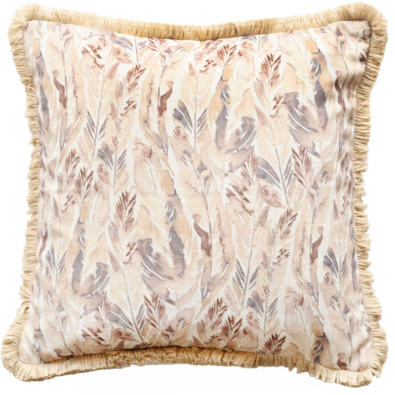 Feather Print On Linen With Fringing Natural Cushion
