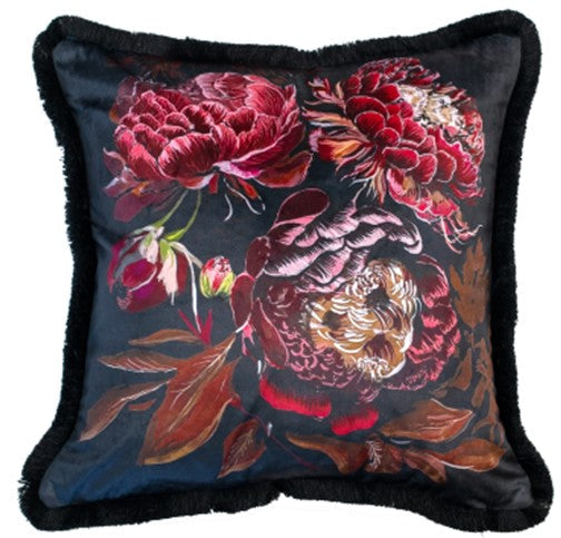 Red Floral Print With Fringes Cushion