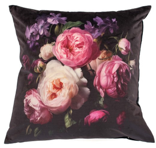 Printed Dark Floral On Velvet Cushion