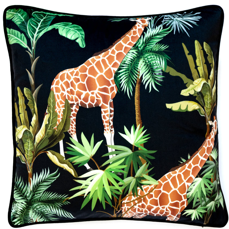 Printed Jungle Giraffes On Poly Velvet Black Cushion