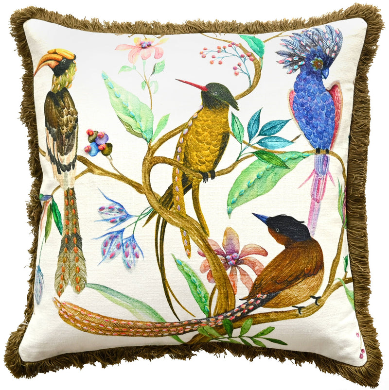 Colourful Tropical Birds Embellished Natural Cushion