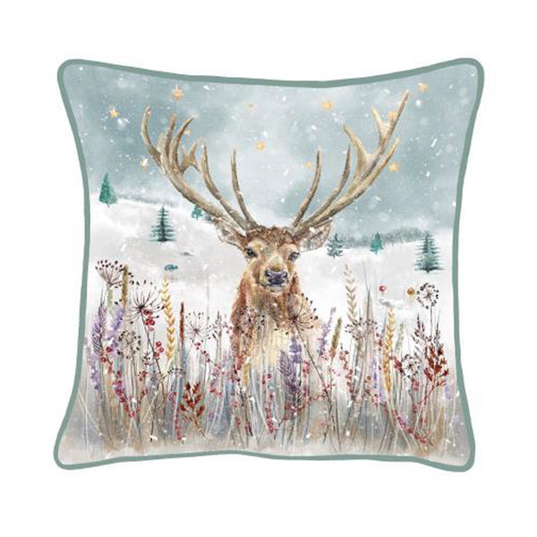 Countryside Snow Scene Deer Cushion - Multi