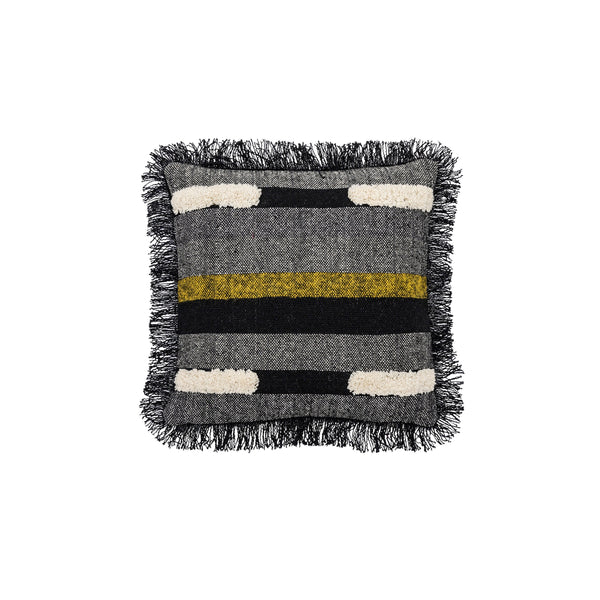 Tufted Blocks Cushion with Fringe - Black / Grey